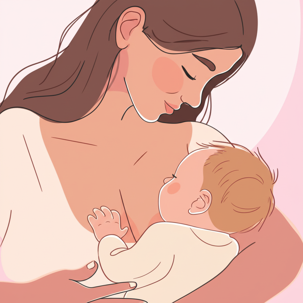 Mãe usando produtos de amamentação com bebê